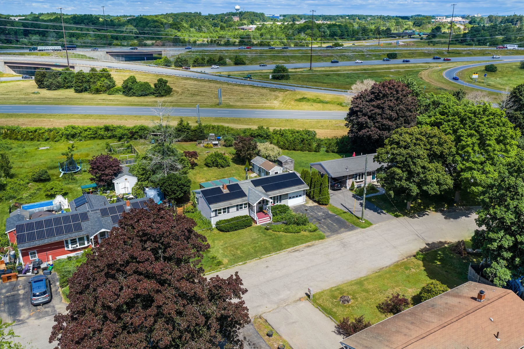 Aerial view of the quiet neighborhood around 46 Coakley Road