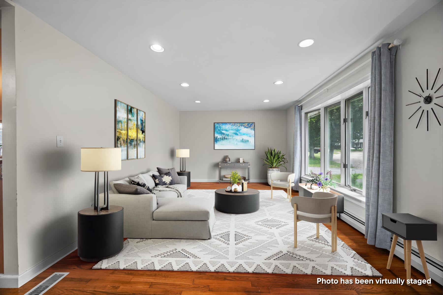 Virtually staged living room with natural light at 46 Coakley Road